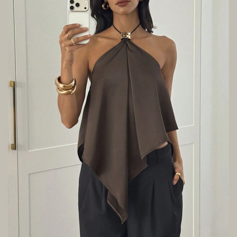Brown Satin Gold Hardware Halter Handkerchief Hem Tank Top